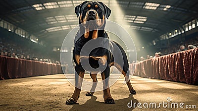 A pedigreed purebred Rottweiler dog at an exhibition of purebred dogs. Dog show. Animal exhibition. Competition for the Stock Photo