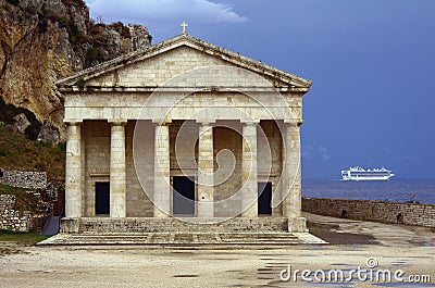 Pediment and columns of the church Stock Photo