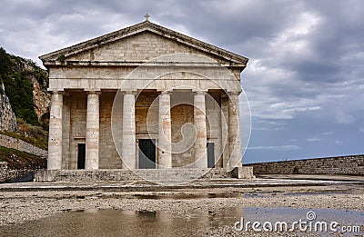 Pediment and columns of the church Stock Photo