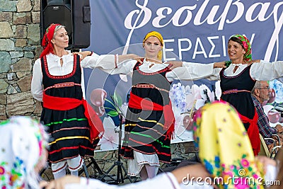 Pedoulas, Cyprus - June 13, 2022: National folk dancing ensemble at annual Cherry festival Editorial Stock Photo