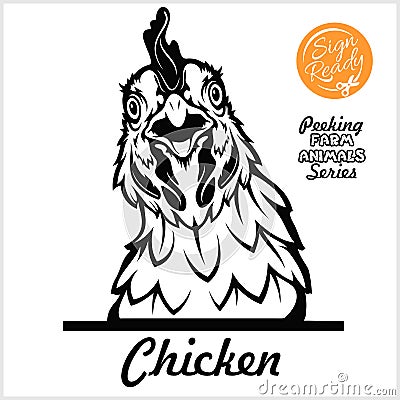 Peeking chicken - Cheerful chicken peeking out - face head isolated on white - vector stock Vector Illustration
