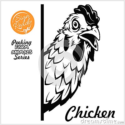 Peeking chicken - Cheerful chicken peeking out - face head isolated on white - vector stock Vector Illustration