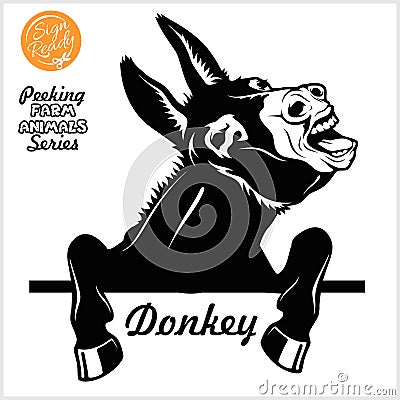 Peeking Donkey - Cheerful neighing Donkey peeking out - face head isolated on white Vector Illustration