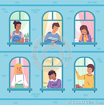 Peeking windows people. Smiling boys and girls look at street through arched windows, young observers, house wall Vector Illustration