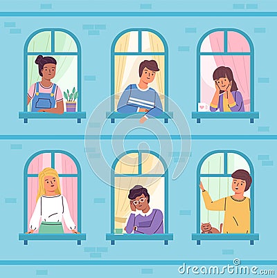 Peeking windows people. Smiling boys and girls look at street through arched windows, young observers, house wall, peeping curious Vector Illustration