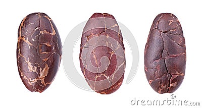 Peeled cacao beans, isolated on white background. Roasted and aromatic cocoa beans, natural chocolate. Top view. Macro. Stock Photo