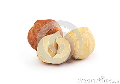 Peeled hazelnuts on a white background Stock Photo