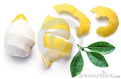 Peeled lemon and lemon zest on white background. Close-up. Stock Photo