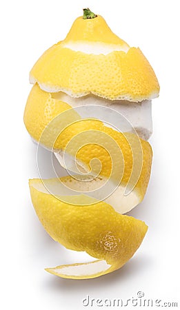 Peeled lemon and lemon zest on white background. Close-up Stock Photo