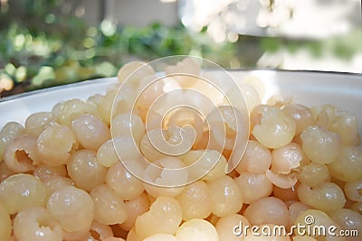 Peeled longan prepared for drying.Asian popular fruits are sweet fragrant and juicy eat fresh or eat dry. Stock Photo