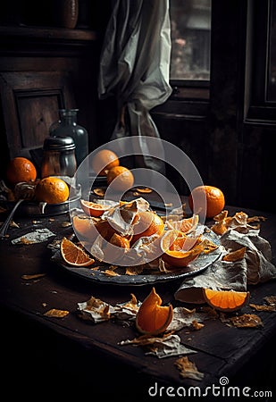 Peeled oranges on old wood table in a dark room, ai artwork Stock Photo