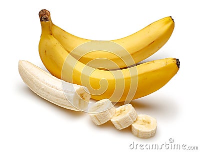 Peeled and sliced bananas isolated on white Stock Photo