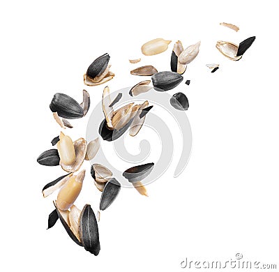 Peeled sunflower seeds are frozen in the air, isolated on white Stock Photo