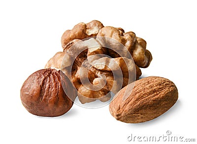 Peeled walnuts, hazelnuts and almonds. White isolated background. Close-up. Stock Photo