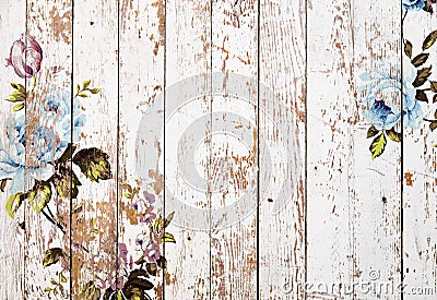 Peeled wooden texture with shabby chic vintage roses Stock Photo