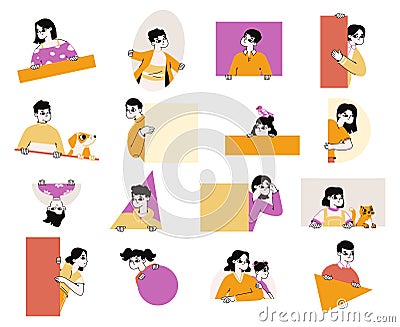 Peeping people, curious characters spying through geometry shapes. Men and women looking out through windows flat vector Vector Illustration