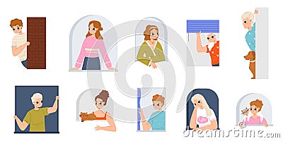 Peeping teenagers, cartoon people hiding with pets. Curious young adults, happy joyful person search or spy. Snugly Vector Illustration