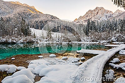 Peer filled with snow at Zelenci Stock Photo