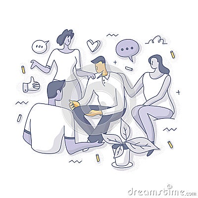 Peer Support & Group Therapy Doodle Concept Illustration Vector Illustration