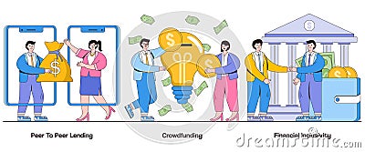 Peer to peer lending, crowdfunding, financial inclusivity concept with character. P2P finance abstract vector illustration set. Cartoon Illustration
