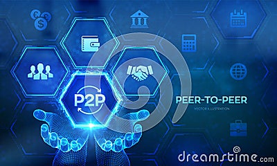 Peer to peer logo in wireframe hands. P2P payment and online model for support or transfer money. Peer-To-Peer technology concept Vector Illustration