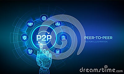 Peer to peer. P2P payment and online model for support or transfer money. Peer-To-Peer technology concept on virtual screen. Vector Illustration