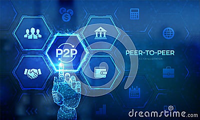 Peer to peer. P2P payment and online model for support or transfer money. Peer-To-Peer technology concept on virtual screen. Vector Illustration
