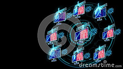 peer to peer network wireless connection simulation of virus covid 19 on monitor digital lung technology to reseach vaccine about Stock Photo