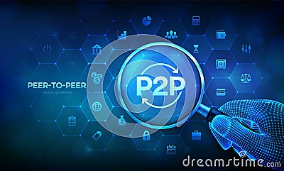 Peer to peer. P2P payment and online model for support or transfer money. Peer-To-Peer business technology concept with magnifier Cartoon Illustration