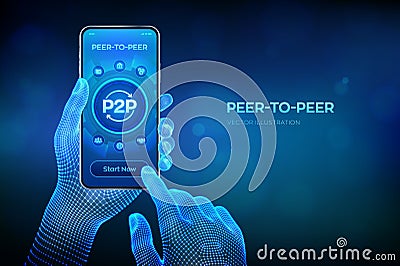 Peer to peer. P2P payment and online model for support or transfer money. Peer-To-Peer technology concept on mobile phone screen. Vector Illustration