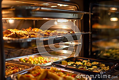 peering into an oven full of potluck dishes Stock Photo