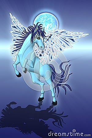 a Pegasus in blue in front of a bright full moon Stock Photo