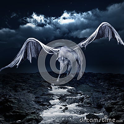 Pegasus drinking from a stream Stock Photo