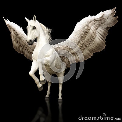 Pegasus majestic mythical Greek winged horse on a black background. Stock Photo