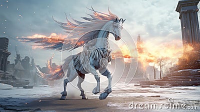 Pegasus Running, Fire Ornate Clothing, Fiery Eyes. Generative AI Stock Photo