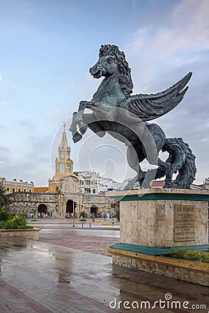 Pegasus Statue, Gate and Clock Tower - Cartagena de Indias, Colombia Editorial Stock Photo