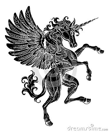 Pegasus Unicorn Rearing Rampant Crest Wings Horse Vector Illustration