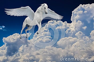 Pegasus winged legendary white horse flying with spread wings in cloudy sky Stock Photo