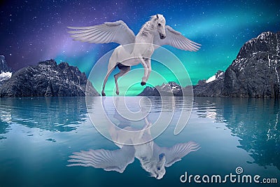 Pegasus winged legendary white horse flying with spread wings dreamy landscape Stock Photo