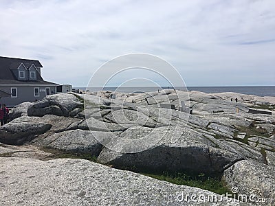 Peggy`s Cove rocky landscape tourist attraction in Halifax Nova Scotia Editorial Stock Photo