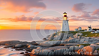 Peggy's cove lighthouse sunset ocean view landscape in Halifax generated ai Stock Photo