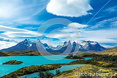 Pehoe lake and Guernos mountains landscape, national park Torres del Paine, Patagonia, Chile, South America Stock Photo