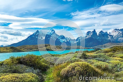 Pehoe lake and Guernos mountains landscape, national park Torres del Paine, Patagonia, Chile, South America Stock Photo