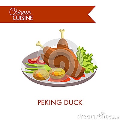 Peking duck with potatoes, tomatoes and green salad on plate Vector Illustration