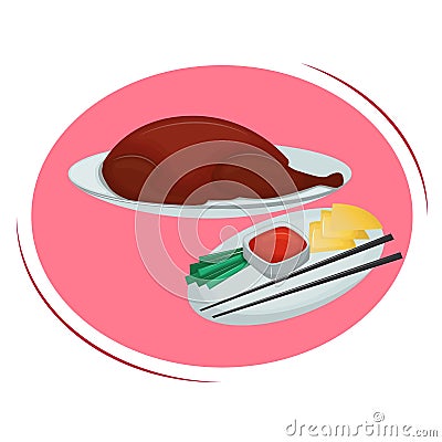 Peking duck with sauce, vegetables and tortillas. Chinese traditional cuisine. Vector Illustration