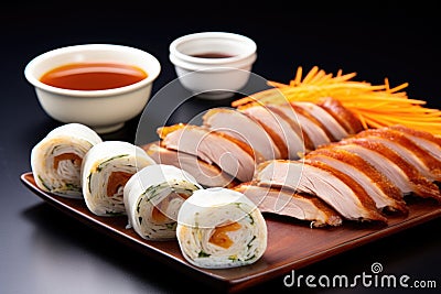 peking duck whole, sliced, and as a roll in a trio Stock Photo