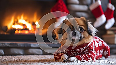 Pekingese dog in red sweater in front of a fireplace Stock Photo