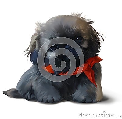 A Pekingese puppy in a red scarf. Watercolor drawing Stock Photo