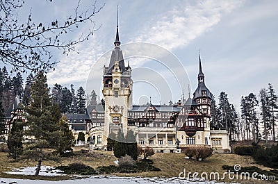 Peles Castle front view Stock Photo