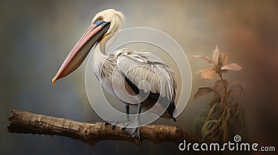 Muted Colors A Realistic Painting Of A Pelican On A Branch Stock Photo